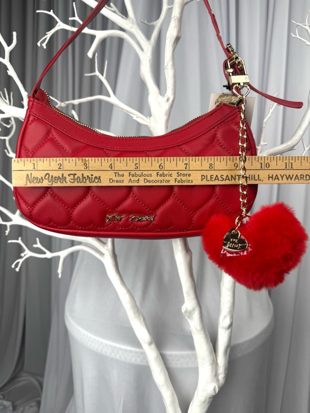 Betsey Johnson “Oh She Bows” Quilted Heart Mini Hobo Bag With Removable Pom-Pom - Picture 14 of 17